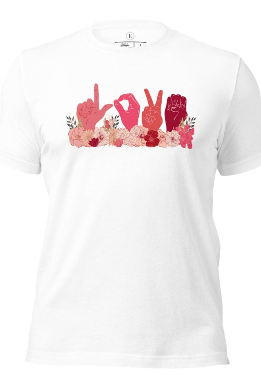 ASL hands signing love in floral flowers on a white colored shirt.
