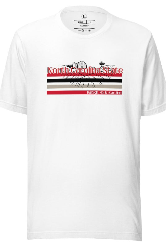 NC State retro-inspired shirt paying homeage to the schools rich history and renowned agricultural programs. Design on a white colored shirt.