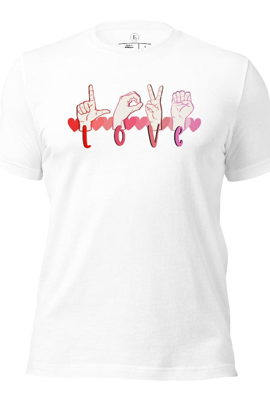 Beautiful ASL hand gesture spelling out love with hearts on a white colored shirt.