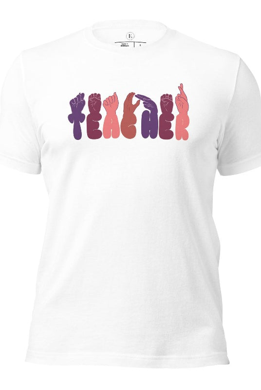 Let's celebrate our educators with this unique ASL teacher t-shirt. The word "teacher" is spelled out in American Sign Language using expertly crafted hands, highlighting their vital role in shaping our society. ASL teacher on a white colored shirt.