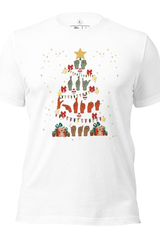 Add festive cheer with this ASL Merry Christmas t-shirt. The hands skillfully shape the words 'Merry Christmas' in American Sign Language, forming a beautiful Christmas tree design on a white colored shirt.