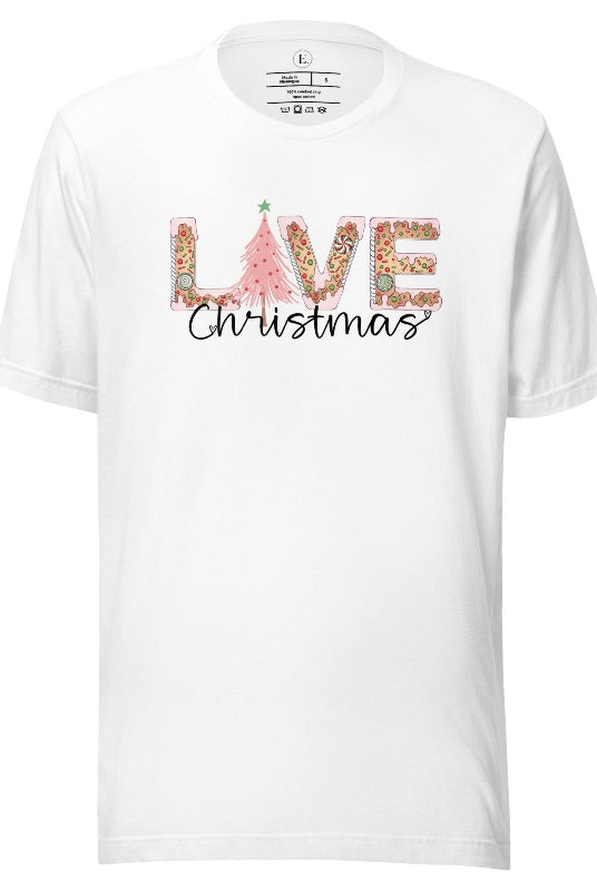 Get ready to celebrate the holiday season in style with our Christmas shirt featuring cute gingerbread cookies arranged to spell out the word "Love" on a white colored shirt.