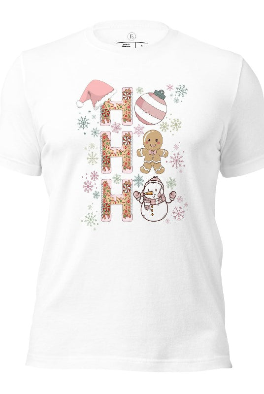 Add a whimsical touch to your holiday wardrobe with our gingerbread "Ho Ho Ho" Christmas shirt on a white colored shirt.