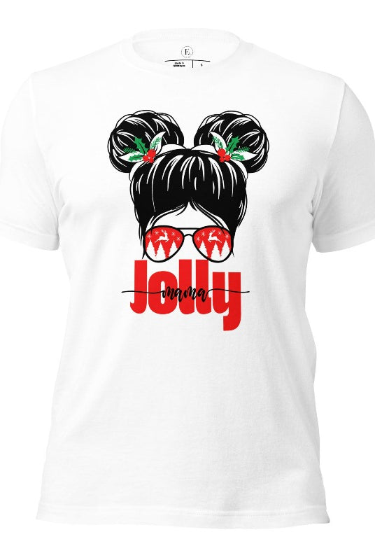 Get into the holiday spirit with our "Jolly Mama" Christmas Shirt! Featuring a stylish mom rocking pigtail buns and festive Christmas Sunglasses on a white colored shirt.