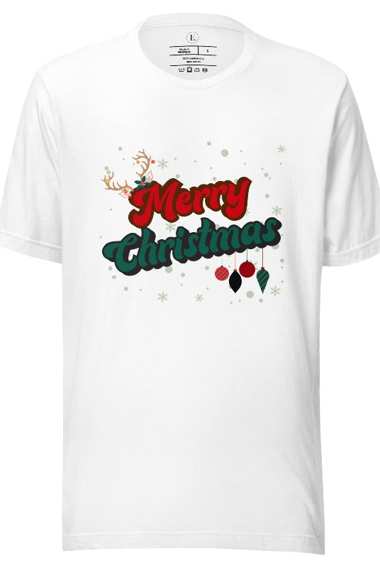 Get ready to take a trip down memory lane with our Merry Christmas retro letters shirt on a white colored shirt. 