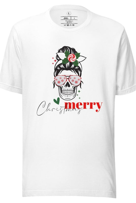 Get into the festive spirit with our Merry Christmas messy bun skull shirt design on a white colored shirt.