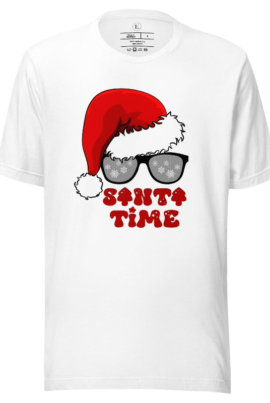 Gear up for the holiday season with our men's Christmas Shirt featuring a Santa hat, Christmas sunglasses on a white colored shirt. 