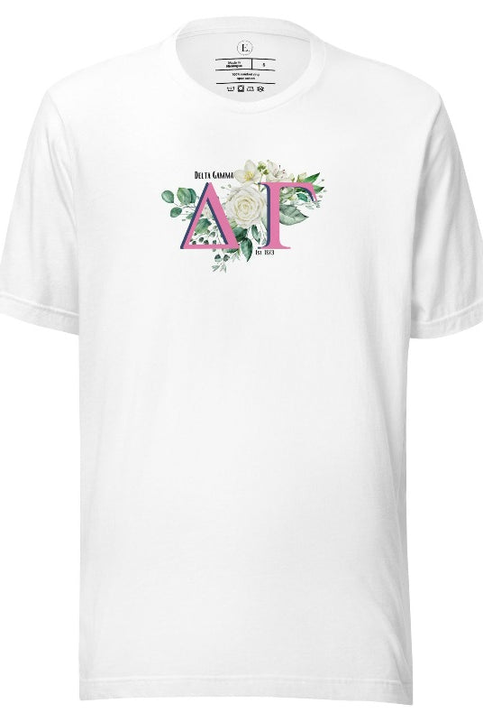 Display your Delta Gamma pride with our sorority t-shirt design! Featuring the sorority letters and the exquisite cream rose on a white shirt
