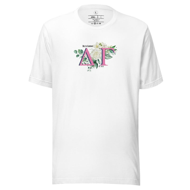 Display your Delta Gamma pride with our sorority t-shirt design! Featuring the sorority letters and the exquisite cream rose on a white shirt