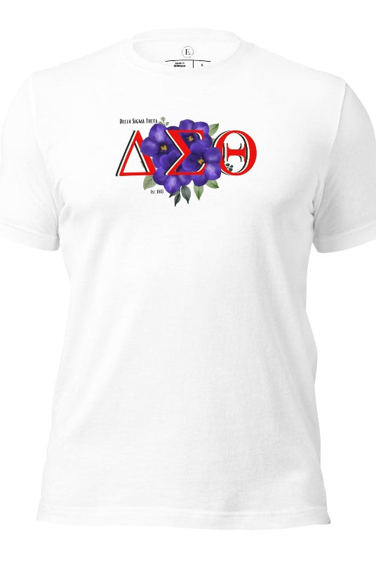 Show off your Delta Sigma Theta sisterhood with our exclusive sorority t-shirt design! The t-shirt features the sorority's letters along with the vibrant African violet, symbolizing empowerment, strength, and courage on a white shirt