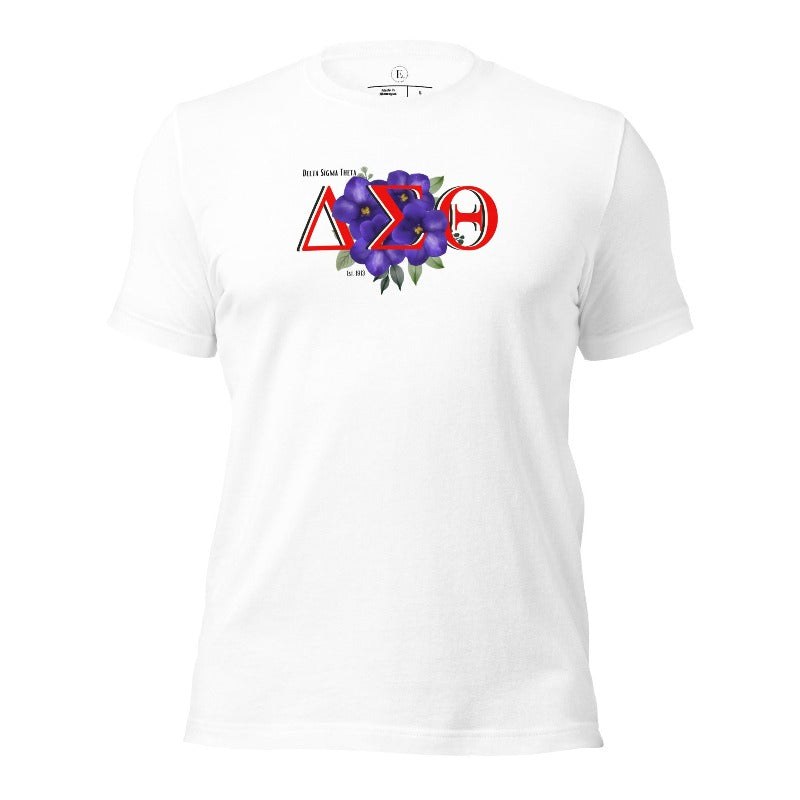 Show off your Delta Sigma Theta sisterhood with our exclusive sorority t-shirt design! The t-shirt features the sorority's letters along with the vibrant African violet, symbolizing empowerment, strength, and courage on a white shirt