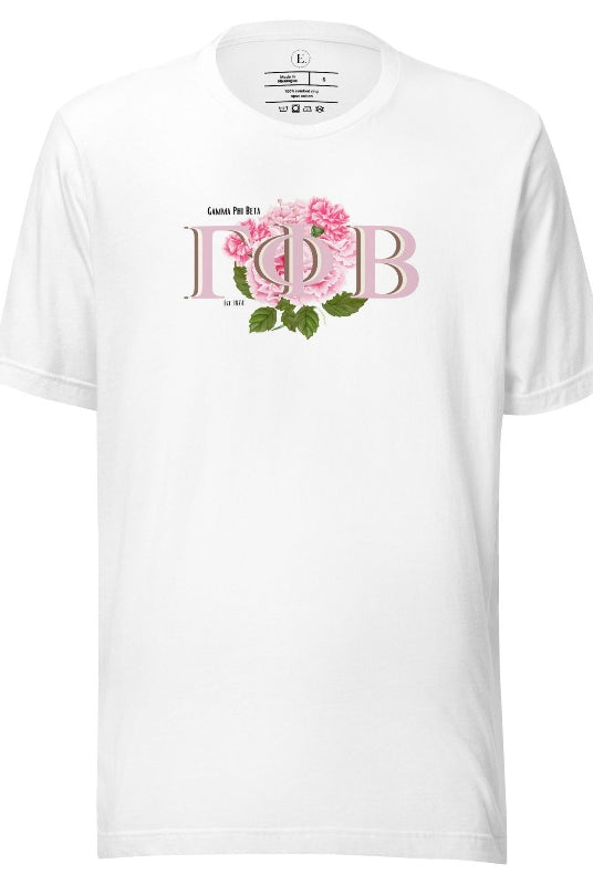 Are you looking for a way to show off your Gamma Phi Beta pride? Look no further than our sorority t-shirt design! Our shirts feature the sorority letters and a beautiful pink carnation, representing the values of sisterhood and beauty that Gamma Phi Beta stands for on a white shirt. 