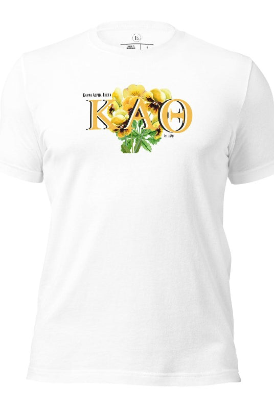 Show your Kappa Alpha Theta pride with our sorority t-shirt! Our design features the sorority letters and a striking black and gold pansy, symbolizing sisterhood and strength on a white shirt. 