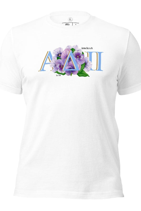 Show your Alpha Delta Pi pride with our stylish t-shirt featuring the sorority letters and the iconic violet, their symbolic flower on a white shirt. 