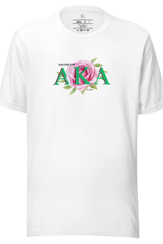 Show off your Kappa Alpha Kappa sisterhood with our stunning t-shirt featuring the sorority letters and the graceful pink tea rose on a white shirt. 