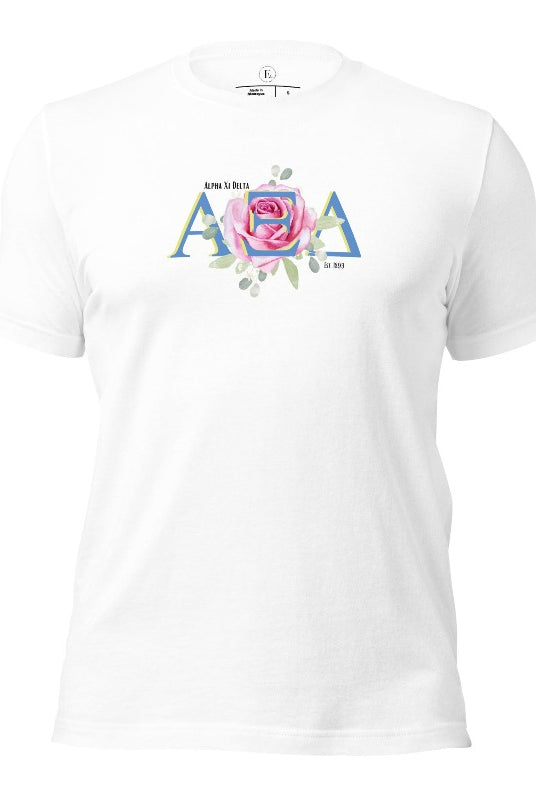 Show your Alpha Xi Delta pride with our stylish t-shirt featuring the sorority's letters and iconic pink rose on a white shirt.