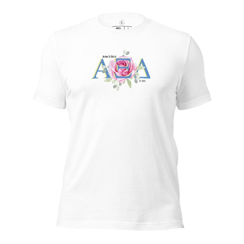 Show your Alpha Xi Delta pride with our stylish t-shirt featuring the sorority's letters and iconic pink rose on a white shirt.