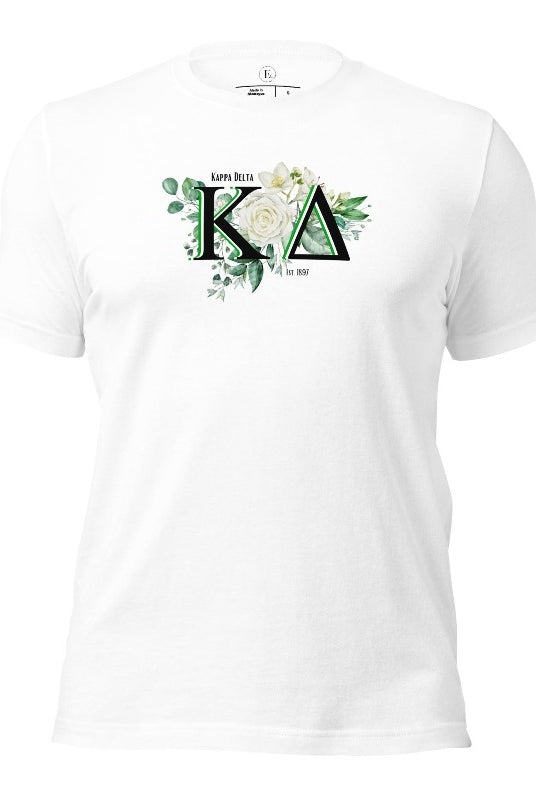 Elevate your Kappa Delta sisterhood with our stunning t-shirt, featuring the sorority letters and the elegant white rose on a white shirt. 