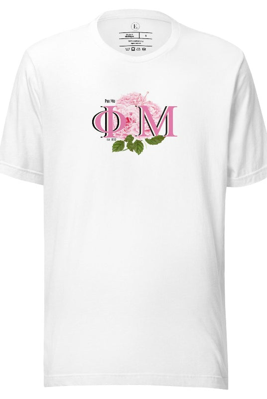Looking for a stylish t-shirt to elevate your Phi Mu sisterhood? Our design features the sorority letters and beautiful pink carnations on a white shirt. 
