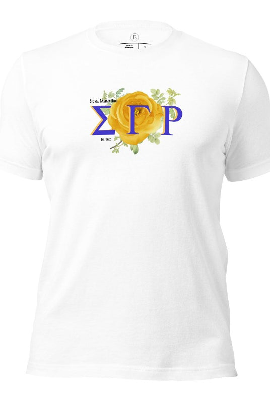 Looking for a stylish way to show your pride for Sigma Gamma Rho? Our stunning t-shirt features the sorority letters and a vibrant yellow tea rose on a white shirt. 