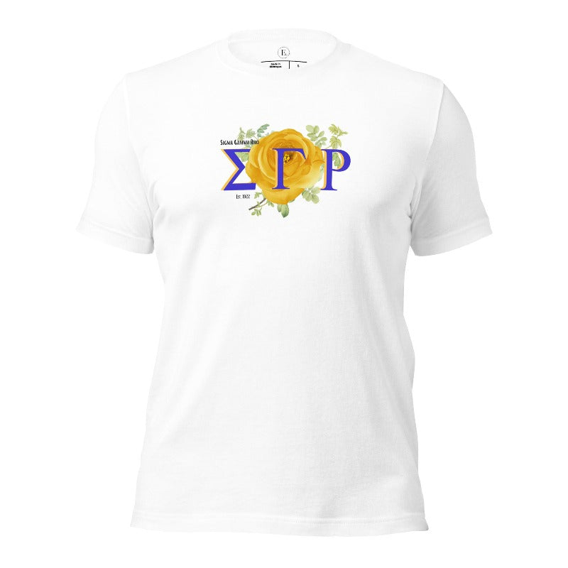 Looking for a stylish way to show your pride for Sigma Gamma Rho? Our stunning t-shirt features the sorority letters and a vibrant yellow tea rose on a white shirt. 