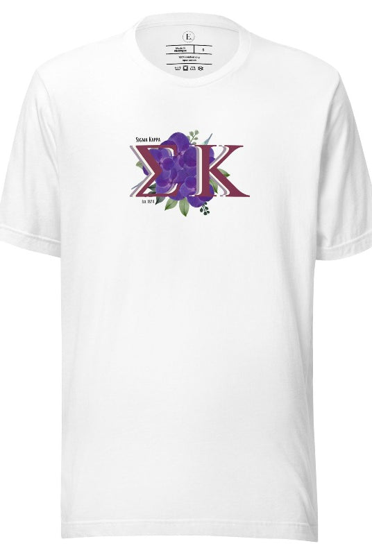 Looking for a way to showcase your Sigma Kappa pride? Look no further than our stylish t-shirt, featuring the sorority's iconic letters and the enchanting wild purple violets on a white shirt. 