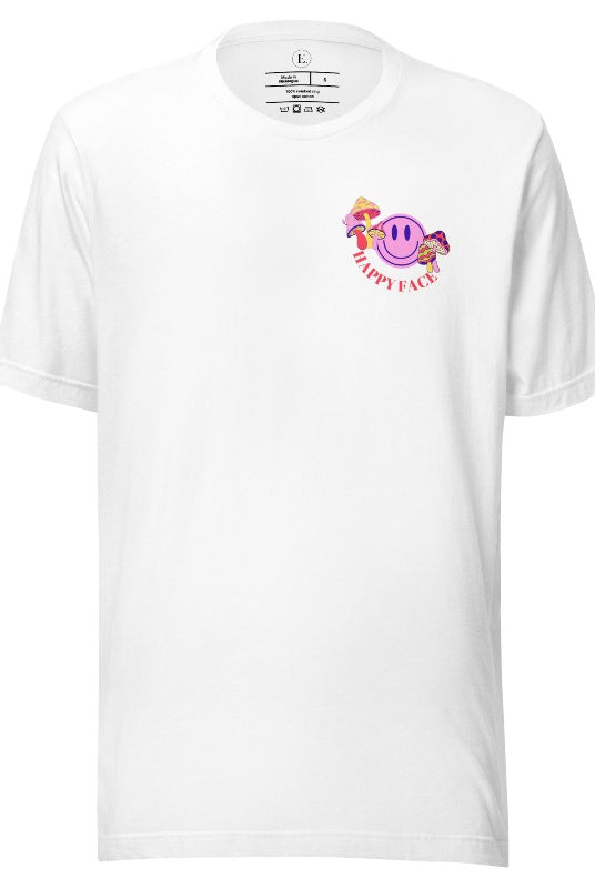 Spread positivity with our delightful t-shirt. The design features a happy face with mushrooms on the side and the words 'Happy Face' on the front pocket on a white shirt. 