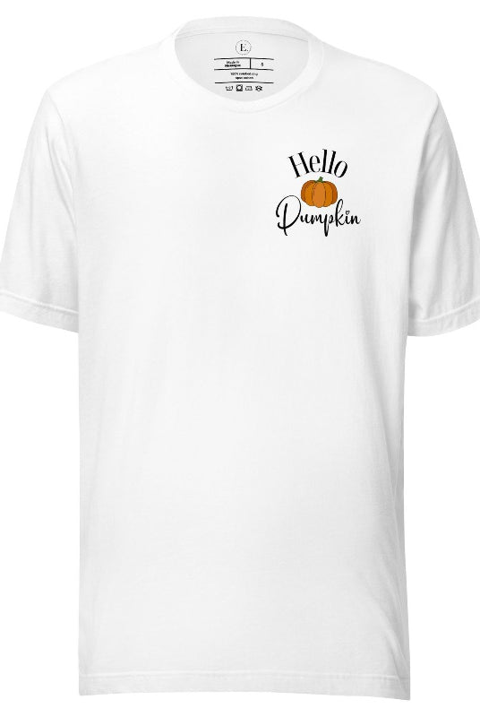 Say hello to autumn with our adorable t-shirt. It features a pumpkin on the front pocket and the playful phrase 'Hello Pumpkin,' this design captures the spirit of the season on a white colored shirt. 
