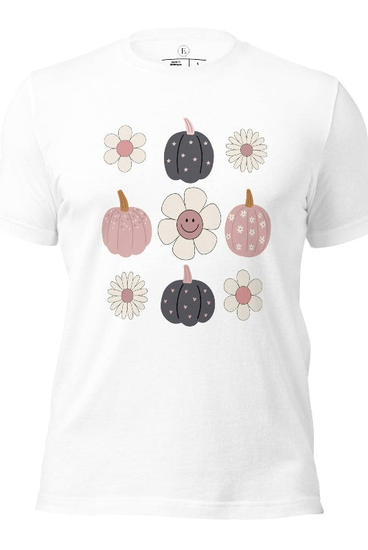 Step into retro autumn vibes with our trendy t-shirt. Featuring a delightful combination of pumpkins and retro flowers, on a white colored shirt. 