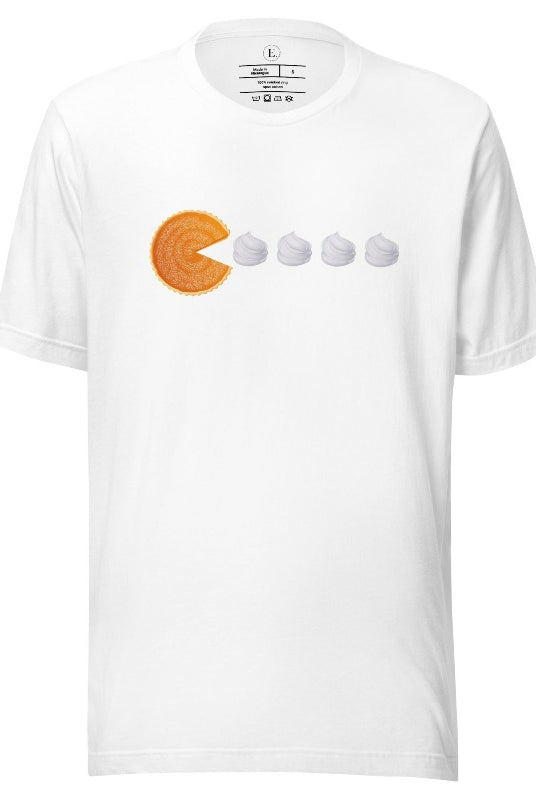 Level up your style with our playful t-shirt featuring a pumpkin pie shaped like Pac-Man devouring whipped cream swirls on a white shirt. 