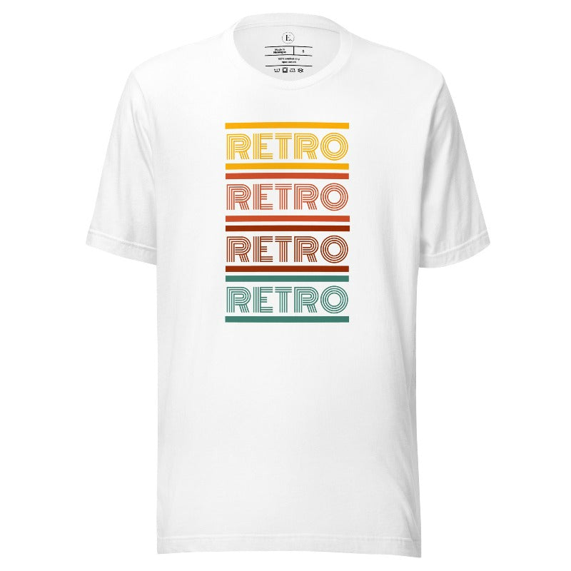 Step into the world of vintage fashion with our Retro Retro Retro Retro shirt. This stylish shirt proudly showcase the word 'retro' repeated four times, making a bold statement on a white shirt. 
