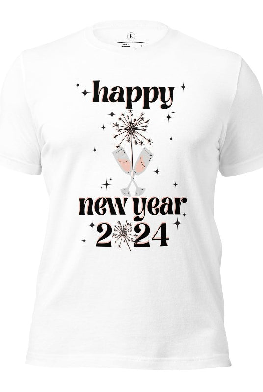 Welcome 2024 in sparkling style with our 'Happy New Year 2024' shirt. Adorned with two clinking champagne glasses amidst fireworks on a white shirt. 