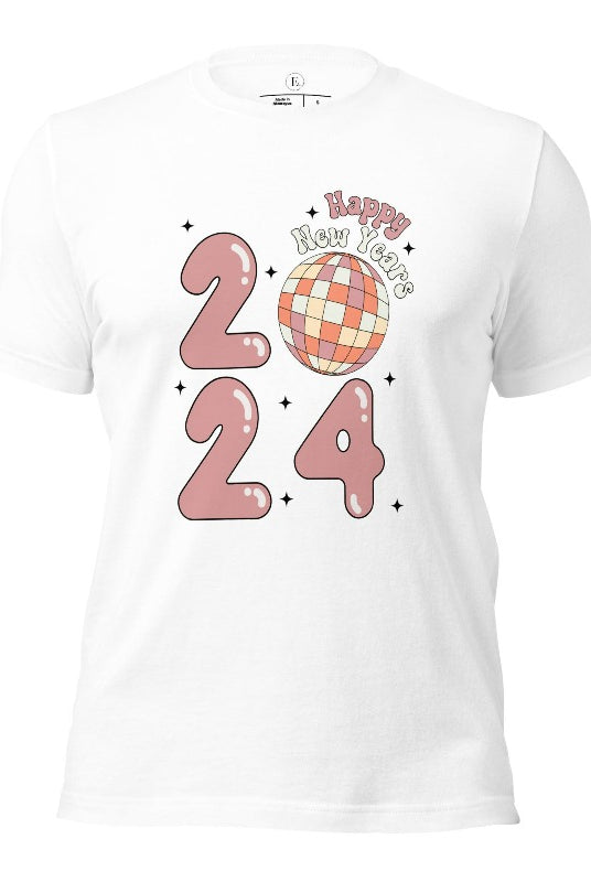 Step into the new year in dazzling style with our 'Happy New Year 2024' shirt. Featuring a shimmering disco ball as the '0' this eye catching design exudes festivity and fun on a white shirt. 