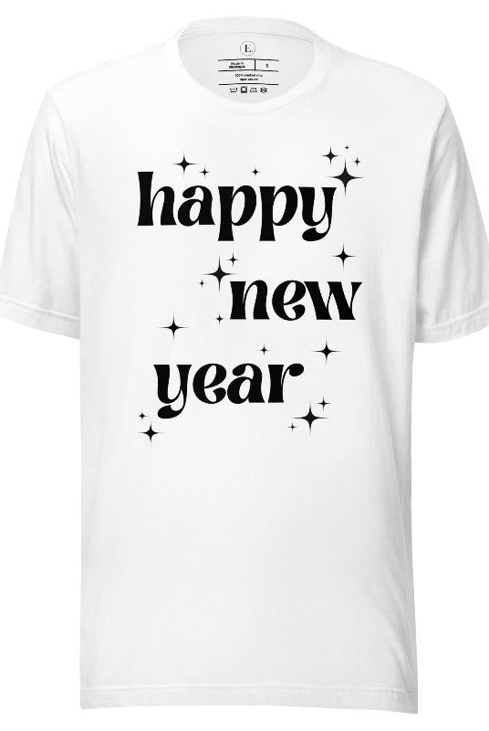 Ring in the New Year with our stunning Happy New Year shirt featuring captivating modern star designs on a white shirt. 