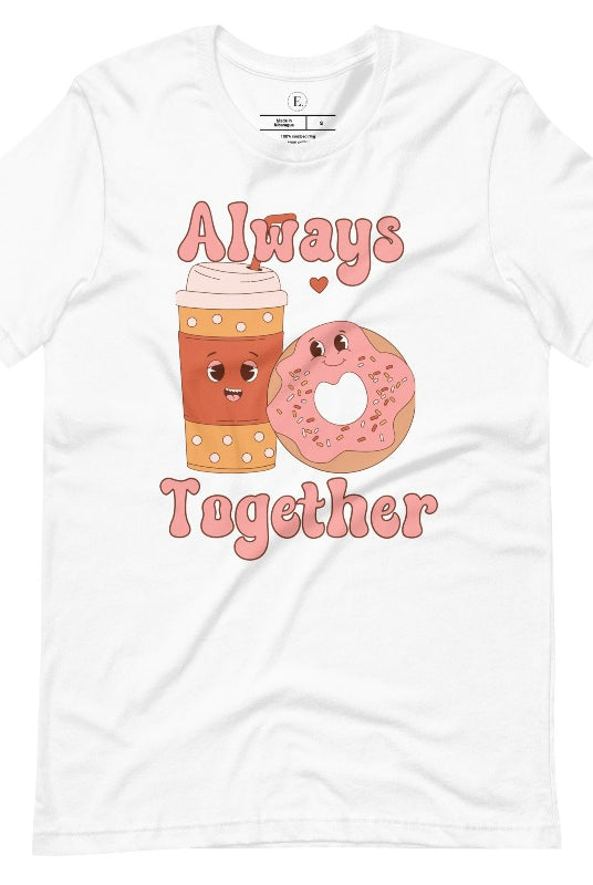 Celebrate love with our adorable Valentine's Day graphic tee! Featuring a smiling coffee cup and a cheerful donut holding hands, on a white shirt. 