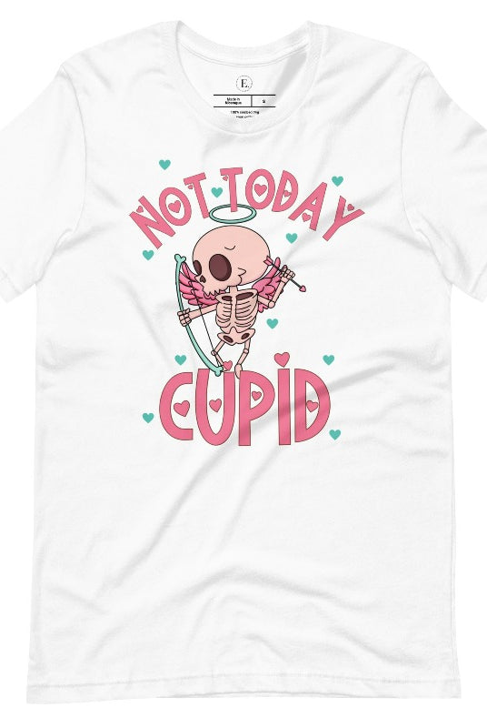 Unleash your rebellious spirit this Valentine's Day with our edgy shirt featuring a skeleton Cupid. The bold "Not Today Cupid" message adds a touch of attitude, making this tee a standout choice for those who march to the beat of their own drum on a white shirt. 