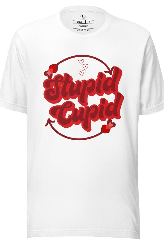 Express your Valentine's Day attitude with our bold and cheeky shirt proclaiming "Stupid Cupid" on a white shirt. 