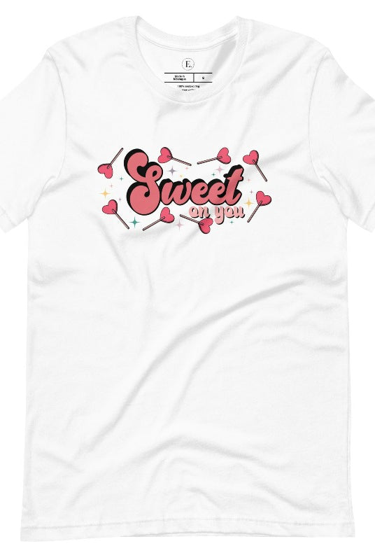 Spread the love with our charming Valentine's Day shirt featuring the endearing phrase " Sweet on You" surrounded by heart lollipops on a white shirt. 