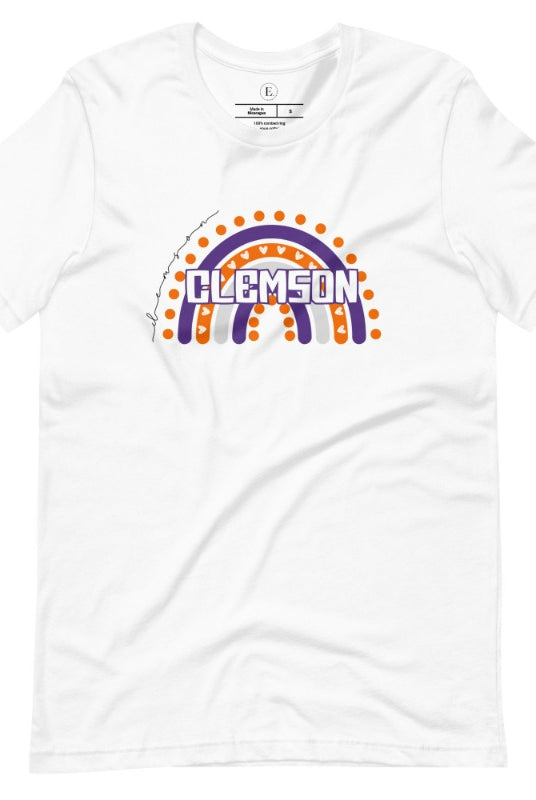 Celebrate your love for Clemson University with our colorful college t-shirt that showcases the beautiful Clemson colors that creates a stunning rainbow backdrop, with the schools name atop a white shirt. 