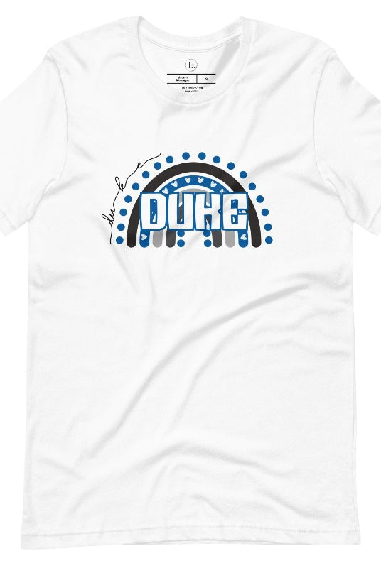 Celebrate diversity and show your support for Duke University with our eye-catching college t-shirt. Our shirt features the Duke colors on a captivating rainbow design, embodying the spirit of inclusion and unity with the iconic Duke wordmark atop the rainbow on a white shirt. 