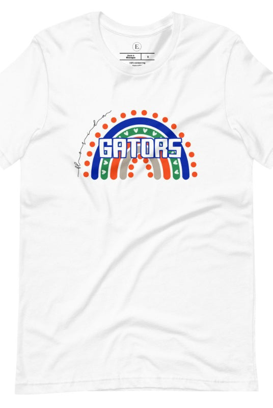 Show off your UF spirit in style with this boho-inspired t-shirt from the University of Florida. The UF colors stands out on this vibrant rainbow background, displaying the school's mascot name in a trendy and unique way on a white shirt. 