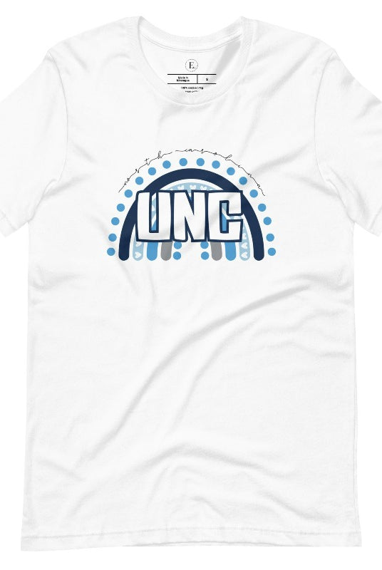 Check out this eye-catching t-shirt designed, featuring the iconic UNC letters set against a vibrant rainbow backdrop. Not only does it let you show off your school spirit, it also sends a trendy and powerful school spirit vibe on a white shirt. 