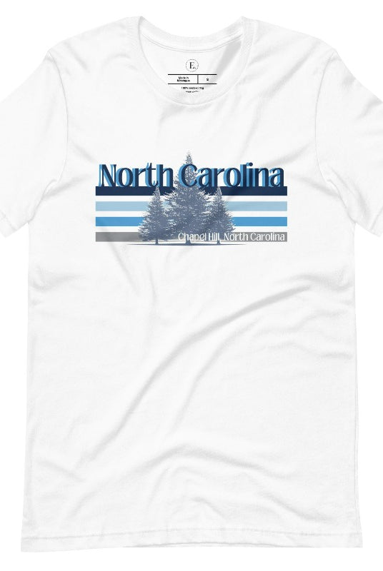 Show your school pride with this iconic North Carolina wordmark t-shirt. Made from premium materials, it features a North Carolina tree line in a the cool Carolina blue colors, representing a tradition of excellence for the nature that North Carolina offers on a white shirt. 