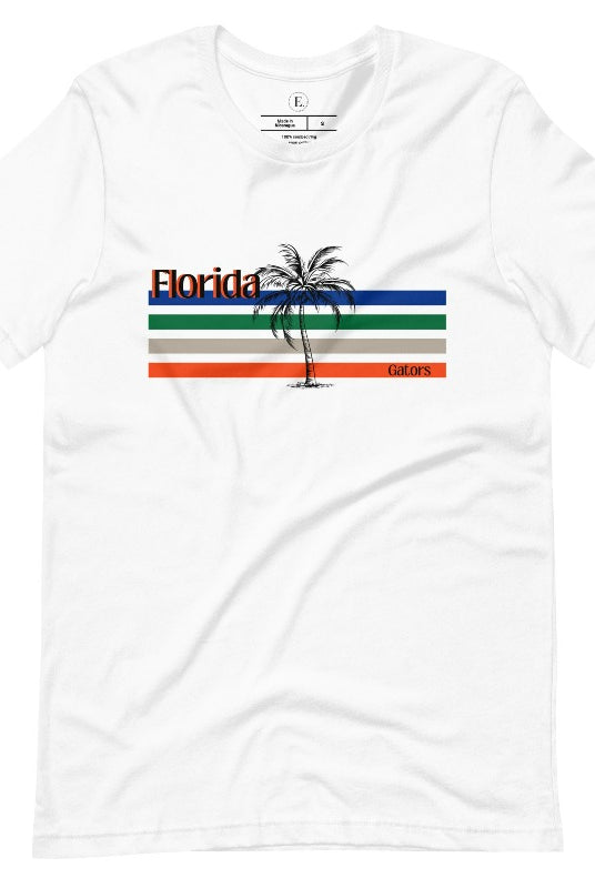 Celebrate your love for the Florida Gators with our modern-inspired retro t-shirt. It captures the essence of campus life, featuring school colors in lines and a palm tree motif on a white shirt. 