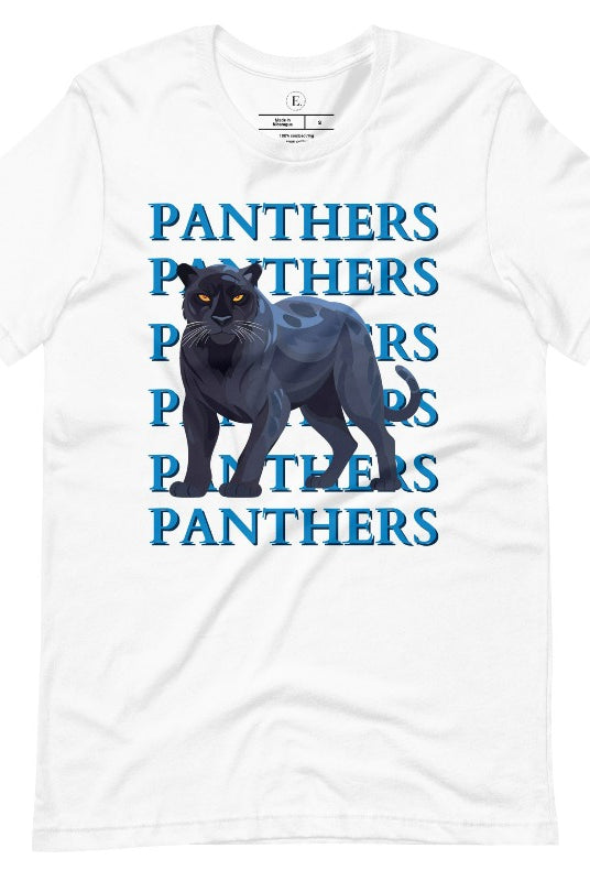 Show your Panthers pride with our Bella Canvas 3001 unisex graphic t-shirt featuring the dynamic 'Panthers Panthers Panthers Panthers' design, complete with a fierce black panther illustration on a white shirt. 
