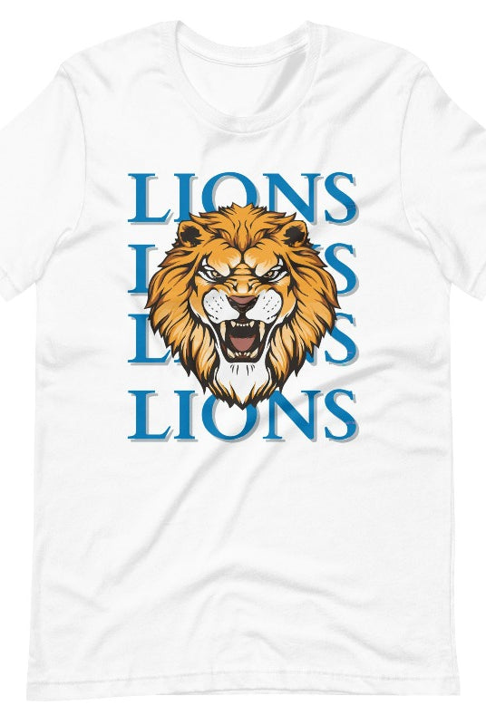 Roar in style with our Bella Canvas 3001 unisex graphic t-shirt featuring the "Lions Lions Lions Lions" design! Show your support for the Detroit Lions NFL football team with this bold white tee.