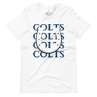 Horseshoe luck meets game day charm! Elevate your Colts pride with our Bella Canvas 3001 unisex tee featuring the spirited mantra "Colts Colts Colts Colts Colts" and a horseshoe illustration on a white shirt. 