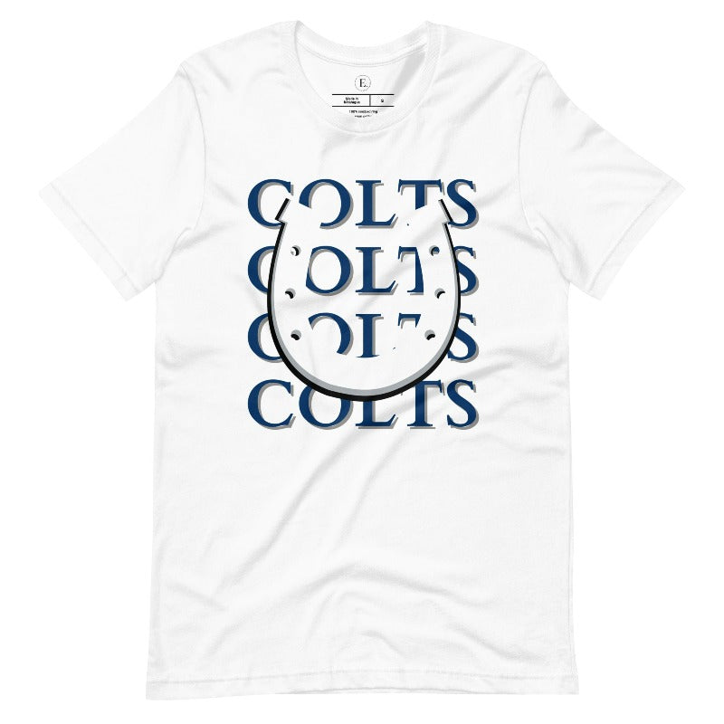 Horseshoe luck meets game day charm! Elevate your Colts pride with our Bella Canvas 3001 unisex tee featuring the spirited mantra "Colts Colts Colts Colts Colts" and a horseshoe illustration on a white shirt. 