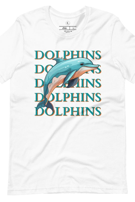 Introducing the Bella Canvas 3001 unisex graphic t-shirt that will make a splash! Dive into style with our Dolphins Dolphins Dolphins Dolphins tee, featuring a playful illustration of a dolphin for the Miami Dolphins football team on a white shirt. 