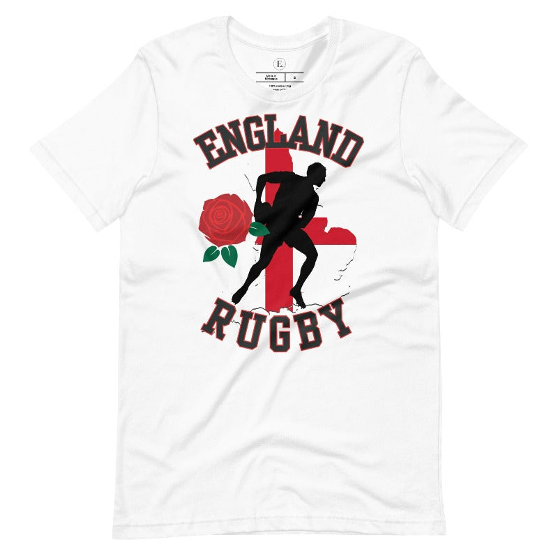 Introducing our England Rugby Graphic T-Shirt - the ultimate fusion of patriotism, rugby pride, and contemporary style! This captivating t-shirt features the words "England Rugby" and the iconic England flag artfully incorporated within the outline of the country, accompanied by a dynamic rugby player graphic on a white shirt. 